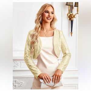 Belle Poque Women's Sequin Jacket Long Sleeve Open‎ Front Glitter Cropped Blazer